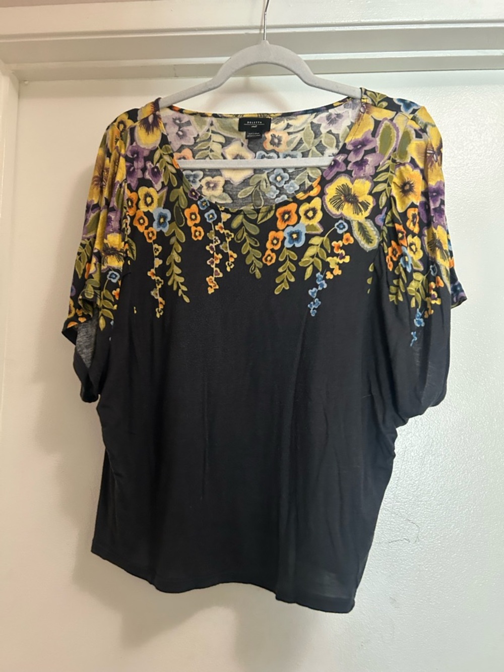 Deletta Blue Short Sleeve Top with Yellow and Purple Floral Yoke